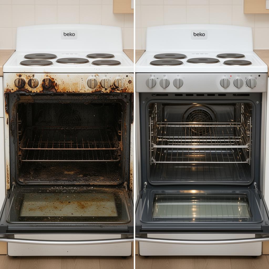 Oven before and after professional deep clean for Bristol tenancy turnover